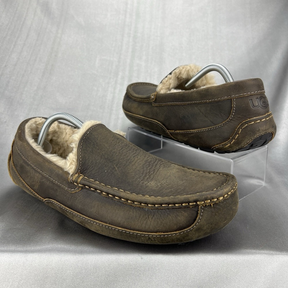 UGG Ascot Leather Wool Slippers Loafers Men's 12 Dark Brown‎ Driving S/N 1103889